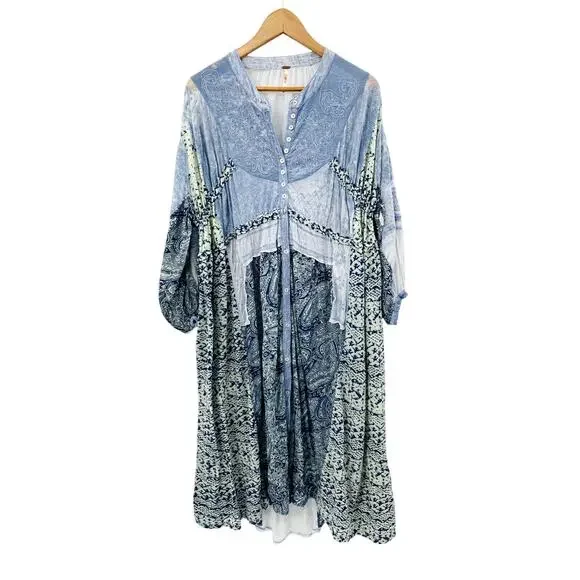 Free People Blue Patchwork Oh my Flowy Dress -  www.threedaughtersproperties.com